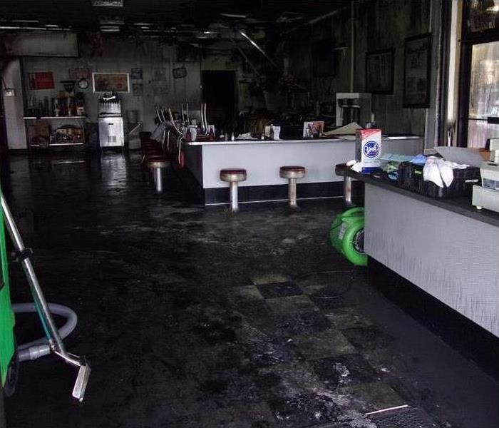 Interior of a diner damaged by fire